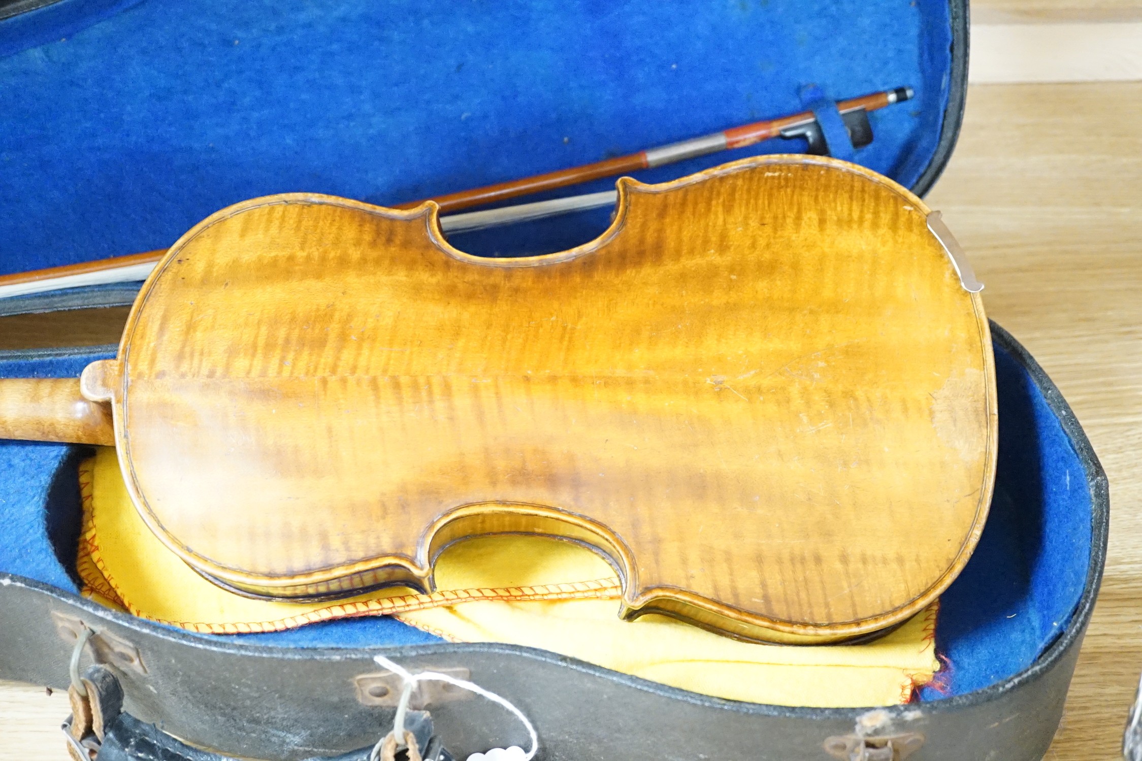 15 1/4 inch viola, cased, circa 1880 and a silver mounted bow with ivory tip, viola 65 cms long